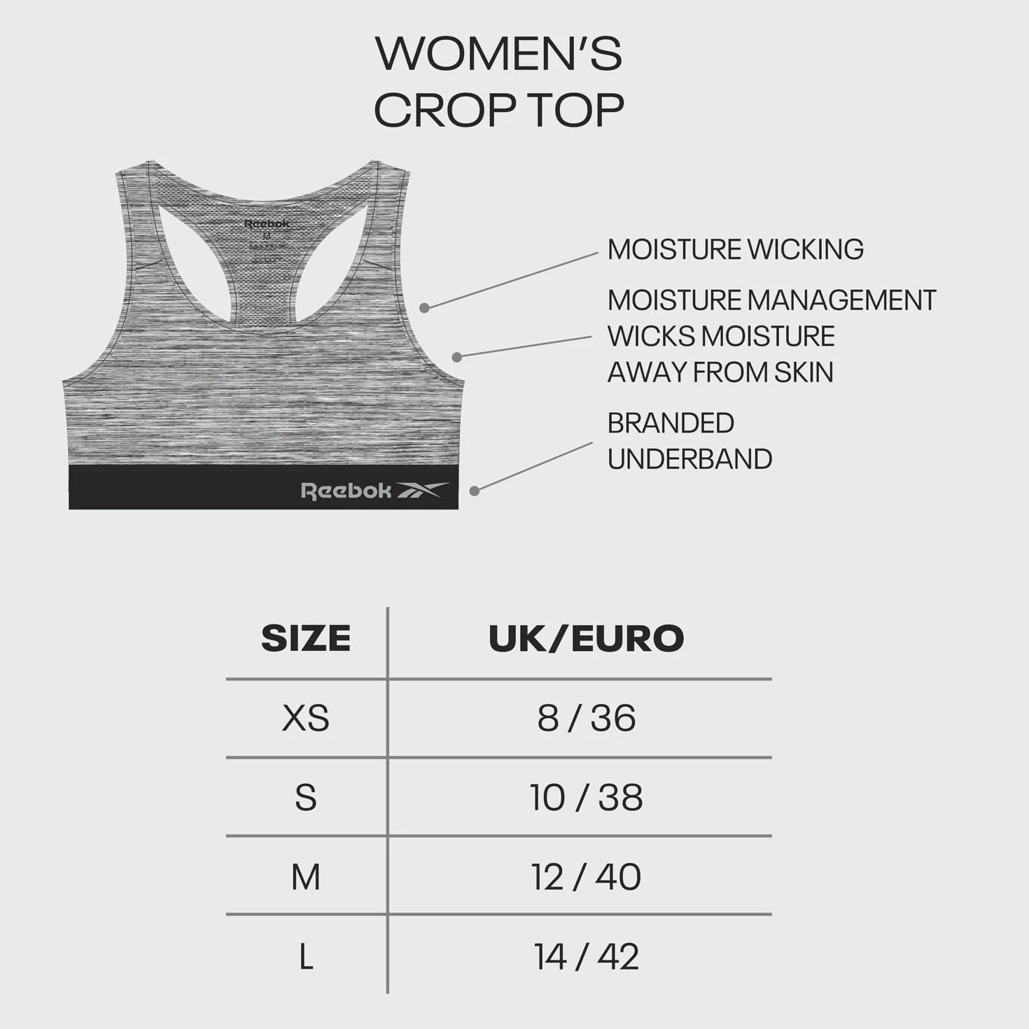 Reebok Womens Reebok Sports Crop Top SIMONE Grey Marl Koszulka Kobiety, Szary melanżowy, L EU