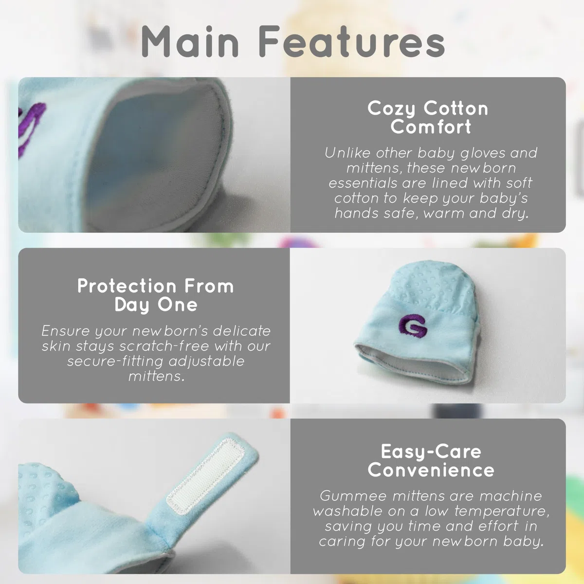 Gummee Glove Blue Stay on Anti Scratch Rękawiczki do ząbkowania 0-3 miesiące preemie i noworodki baby shower