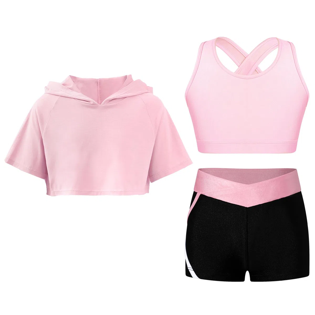 Oyolan Dziecięca dziewczyna zestaw sportowy krótki top bluza z kapturem podkoszulek fitness siłownia joga trening dres lato 5-16 lat