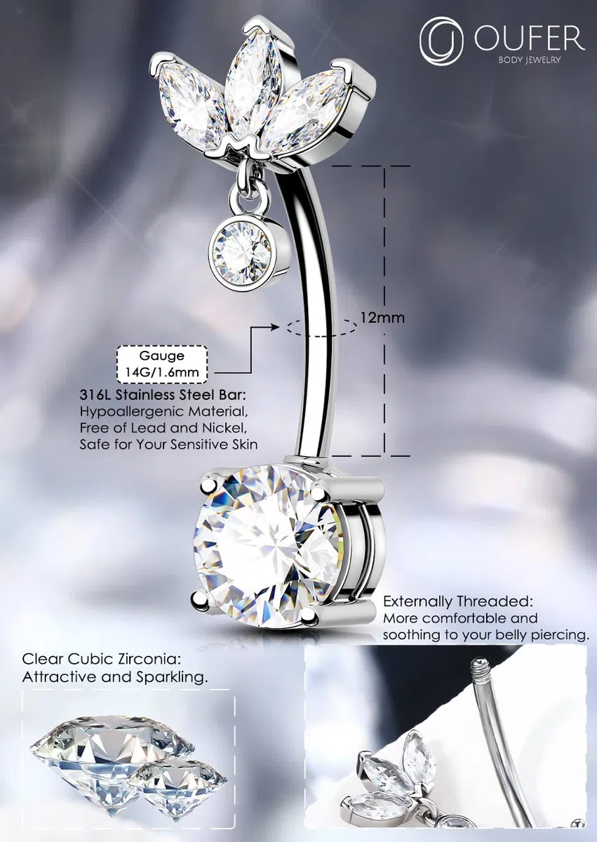 OUFER 14G Reverse Belly Button Bars Belly Piercing Jewellery Surgical Steel CZ Dangle Navel Rings 12 mm srebrny sztanga dla kobiet prezent