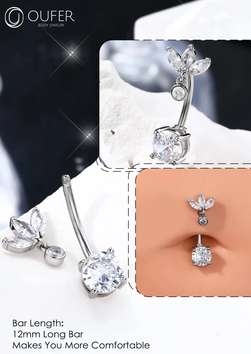 OUFER 14G Reverse Belly Button Bars Belly Piercing Jewellery Surgical Steel CZ Dangle Navel Rings 12 mm srebrny sztanga dla kobiet prezent