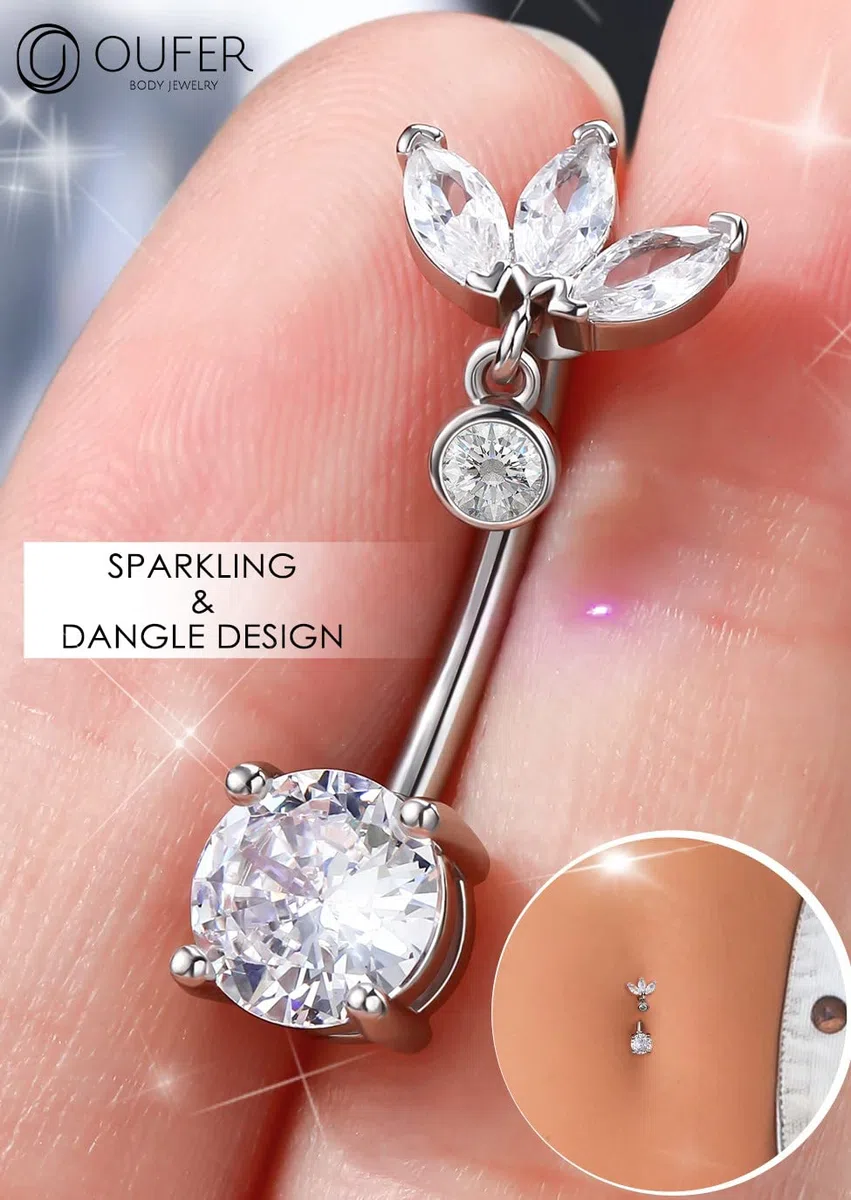 OUFER 14G Reverse Belly Button Bars Belly Piercing Jewellery Surgical Steel CZ Dangle Navel Rings 12 mm srebrny sztanga dla kobiet prezent