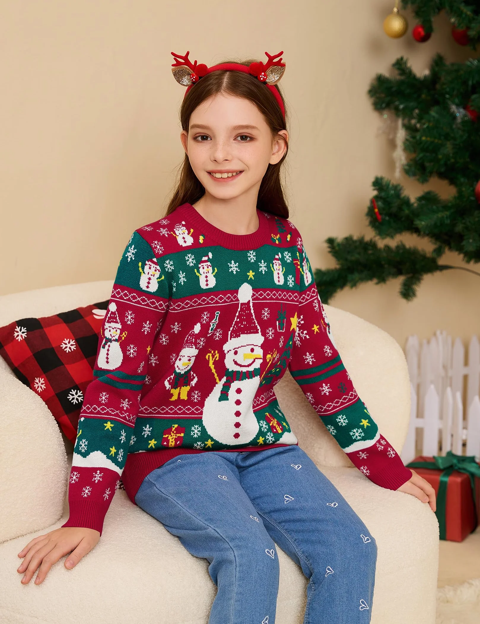 Świąteczny sweter rodzinny zestaw sweter z dzianiny okrągły dekolt zabawny sweter bożonarodzeniowy z motywem choinki bałwanka