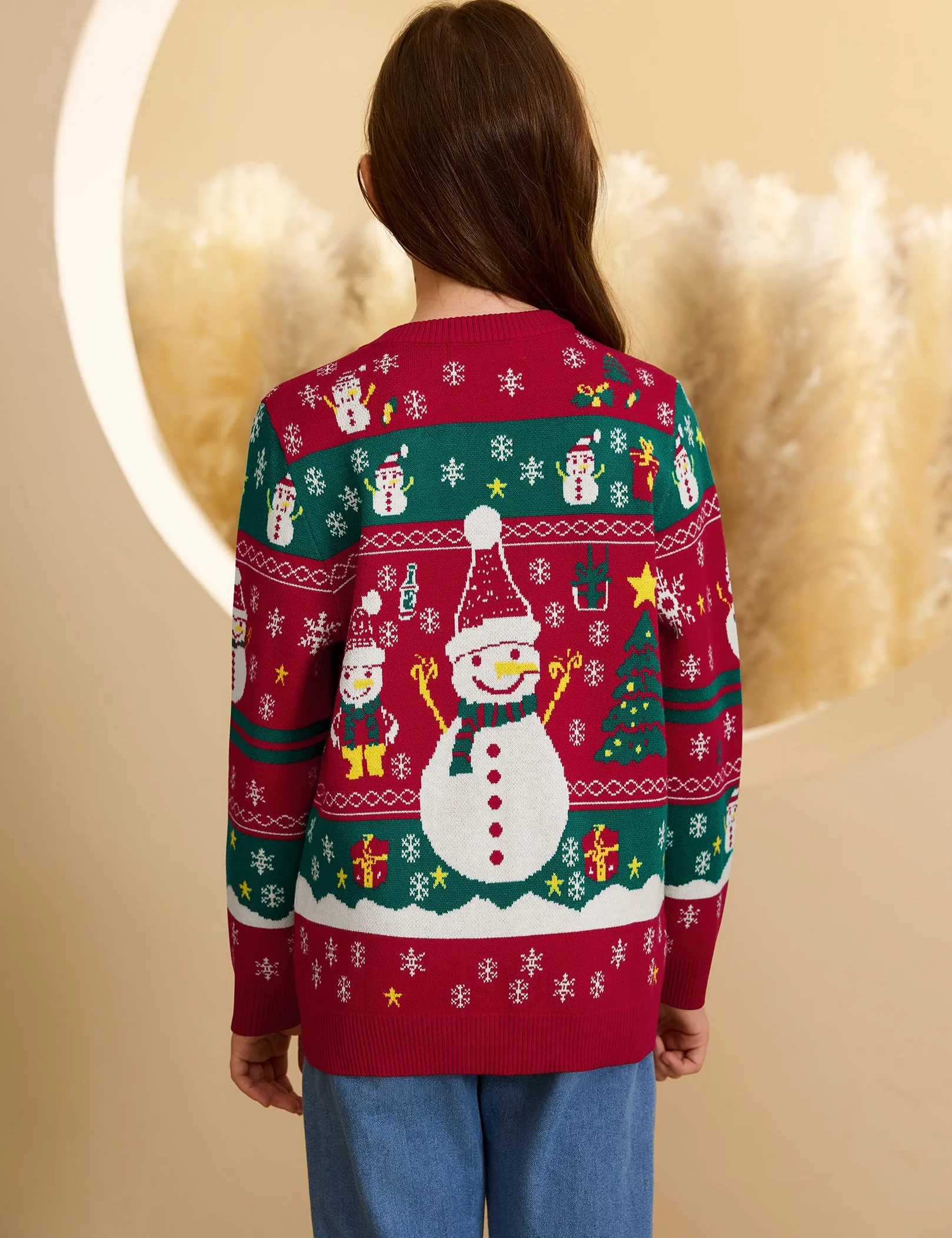 Świąteczny sweter rodzinny zestaw sweter z dzianiny okrągły dekolt zabawny sweter bożonarodzeniowy z motywem choinki bałwanka