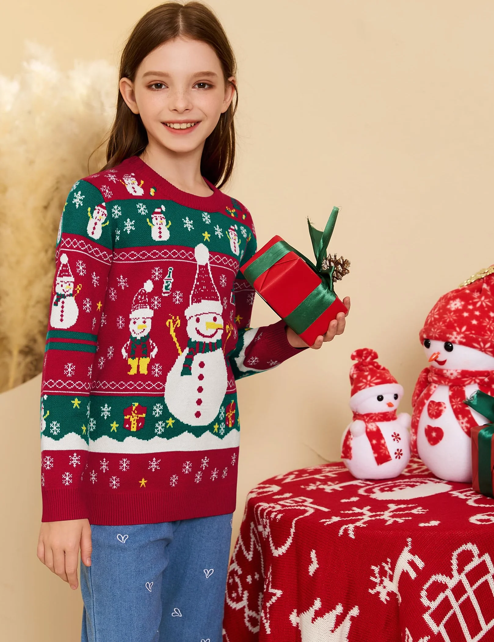Świąteczny sweter rodzinny zestaw sweter z dzianiny okrągły dekolt zabawny sweter bożonarodzeniowy z motywem choinki bałwanka