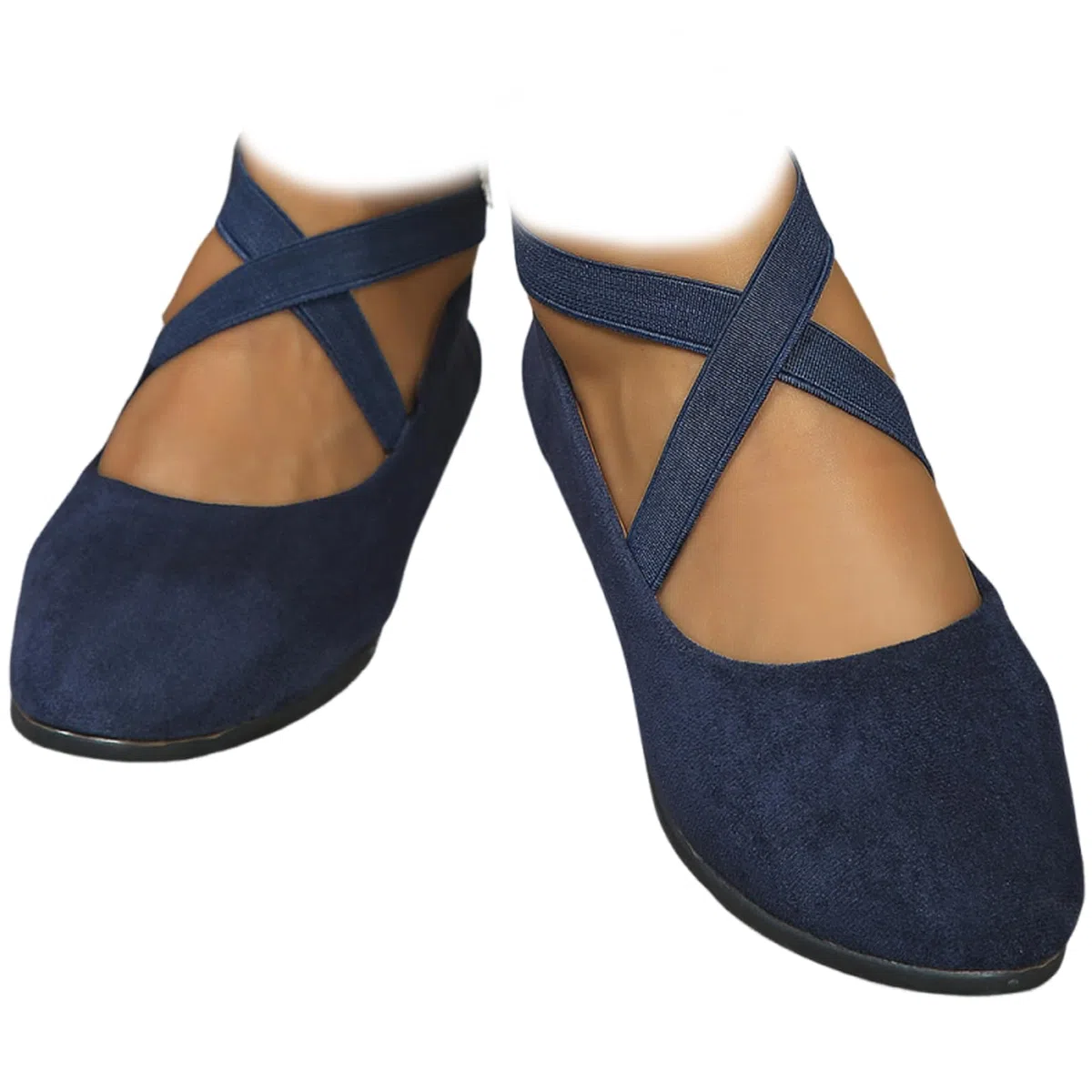 Eleganckie buty na niskim koturnie z elastycznym paskiem w jednolitym kolorze, zamszowe skórzane baleriny z zamkniętym podparciem ortopedycznym dla kobiet, wygodne buty wsuwane dla kobiet, Niebieska