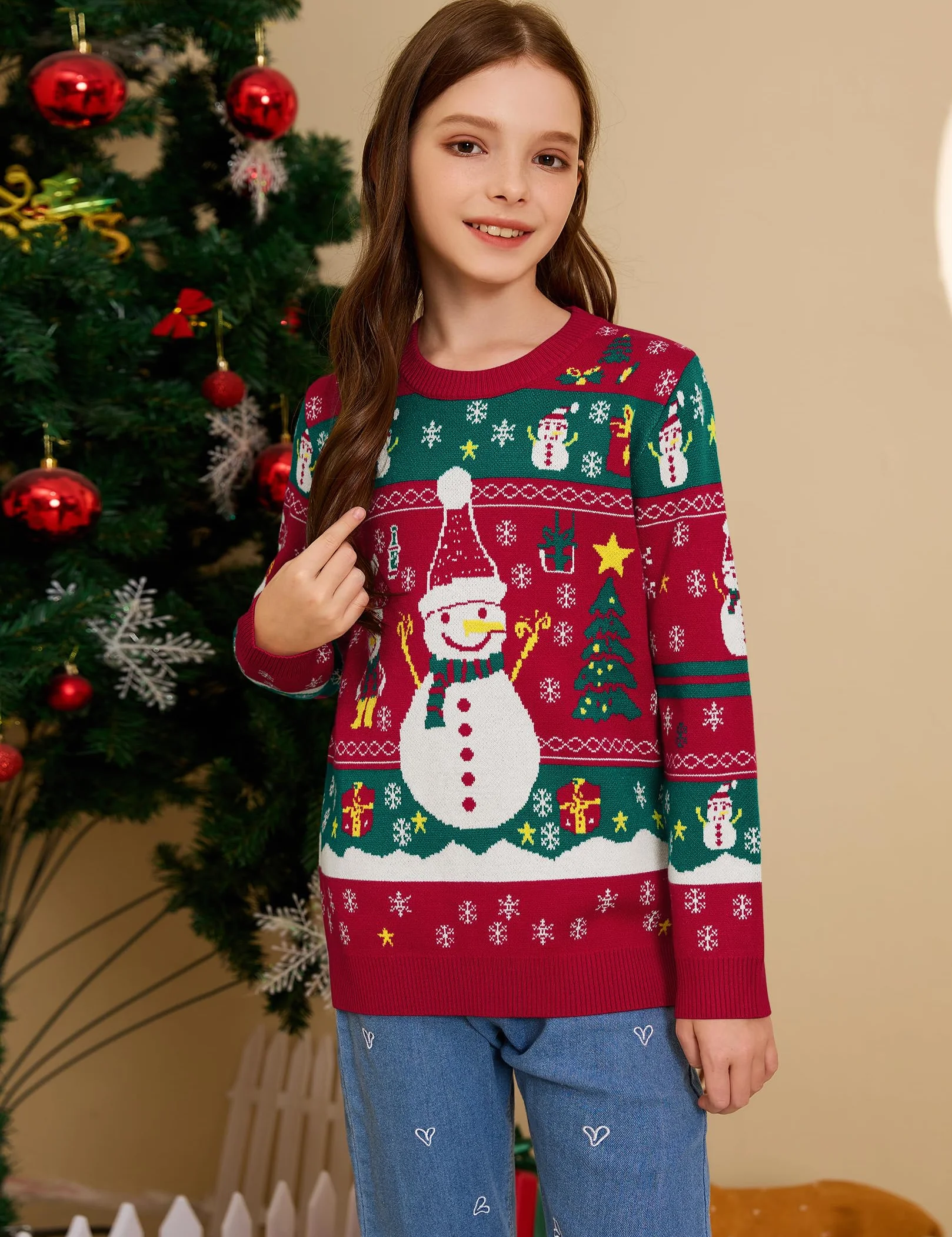 Świąteczny sweter rodzinny zestaw sweter z dzianiny okrągły dekolt zabawny sweter bożonarodzeniowy z motywem choinki bałwanka