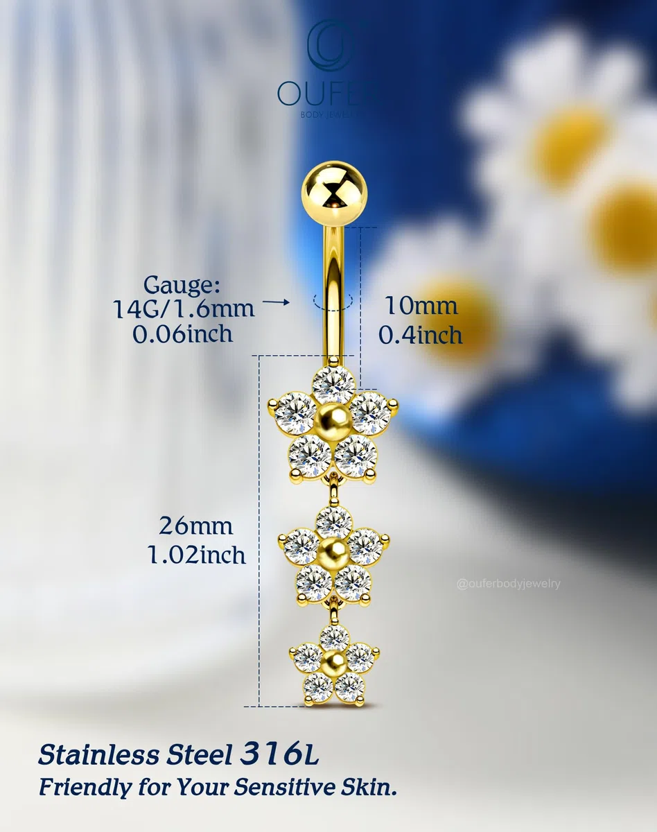 OUFER 14G kolczyk do pępka w kształcie kwiatu, srebrny, złoty, ze stali chirurgicznej 316L, biżuteria do pępka, biżuteria dla kobiet, 10 mm
