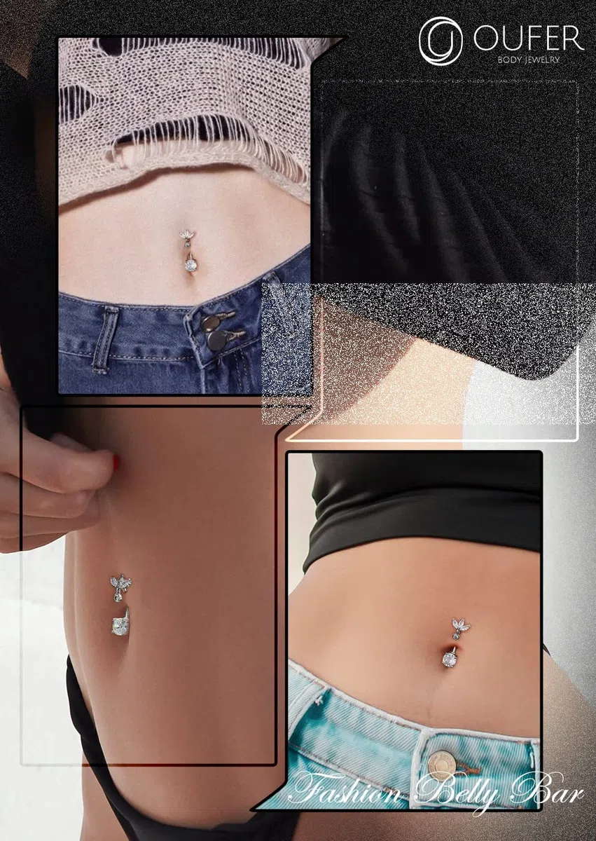 OUFER 14G Reverse Belly Button Bars Belly Piercing Jewellery Surgical Steel CZ Dangle Navel Rings 12 mm srebrny sztanga dla kobiet prezent