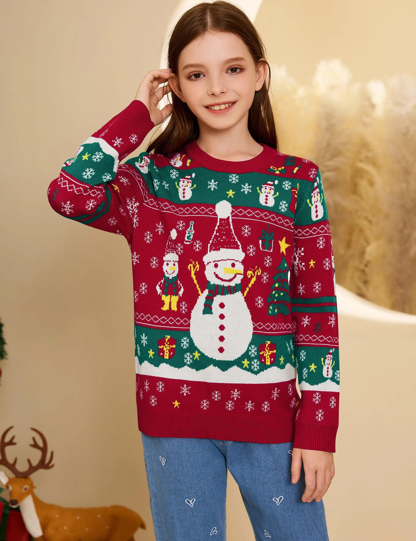 Świąteczny sweter rodzinny zestaw sweter z dzianiny okrągły dekolt zabawny sweter bożonarodzeniowy z motywem choinki bałwanka
