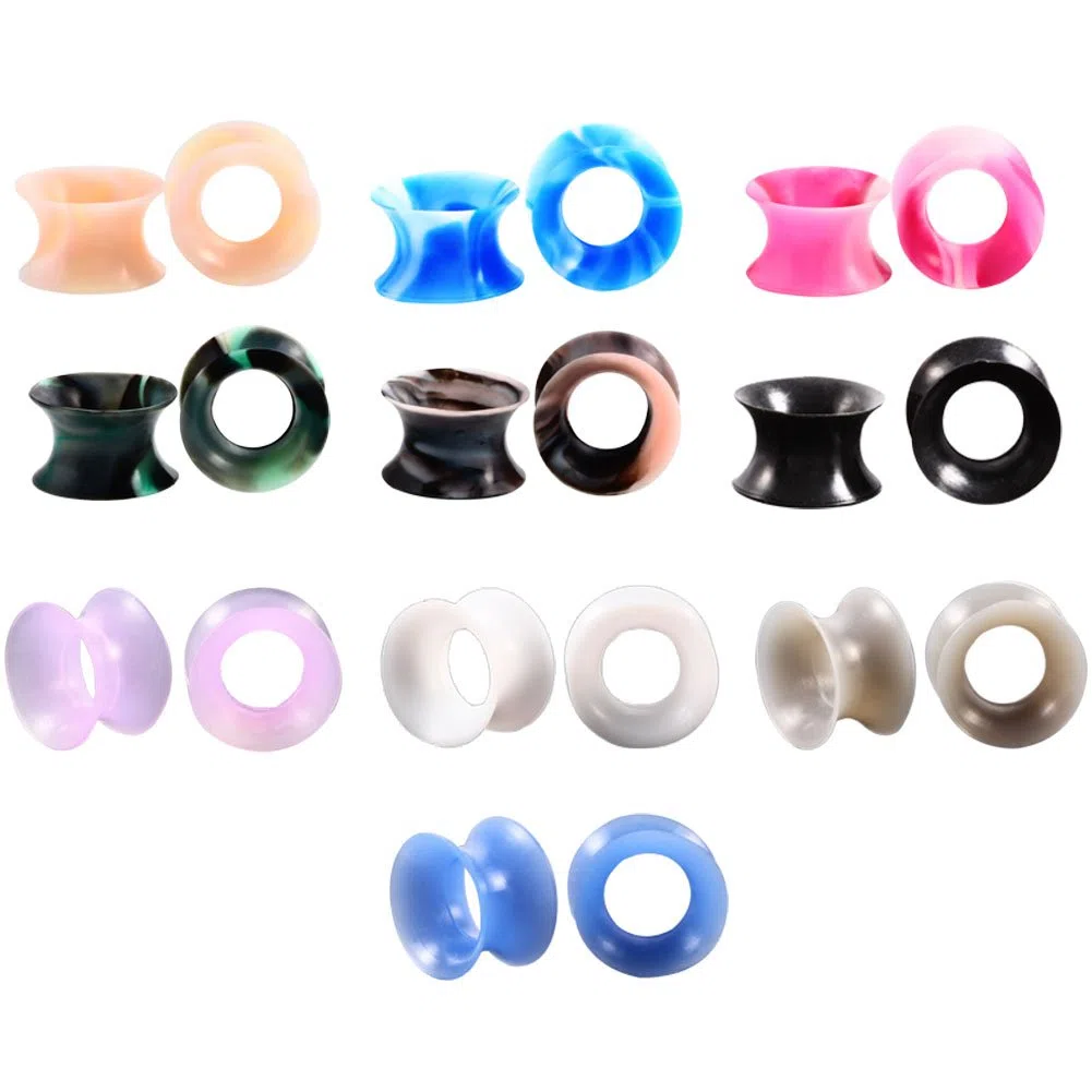 Huacan Zestaw silikonowych tuneli do uszu, 14 mm, super cienkie, czysty kolor + żyła kolorowa, 10 par, Double Flared Soft Plug z wielokolorowym marmurkowaniem, punk, uniseks, 20 sztuk