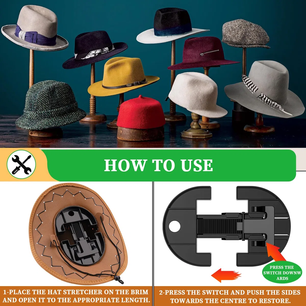 Coopache Adjustable Hat Stretcher for Baseball Caps Hat Stretchers for Fitted Hats Size 6 7/8 to 8 1/2 Lightweight Cap Stretcher, Black