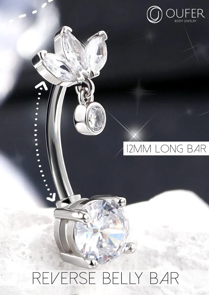 OUFER 14G Reverse Belly Button Bars Belly Piercing Jewellery Surgical Steel CZ Dangle Navel Rings 12 mm srebrny sztanga dla kobiet prezent
